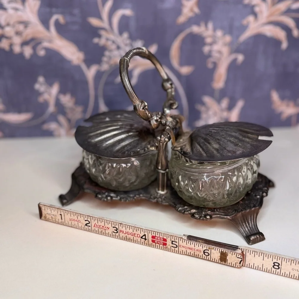 Antique 1900s Shell Shaped Silver Toned Double Salt Cellar with Cut Glass READ